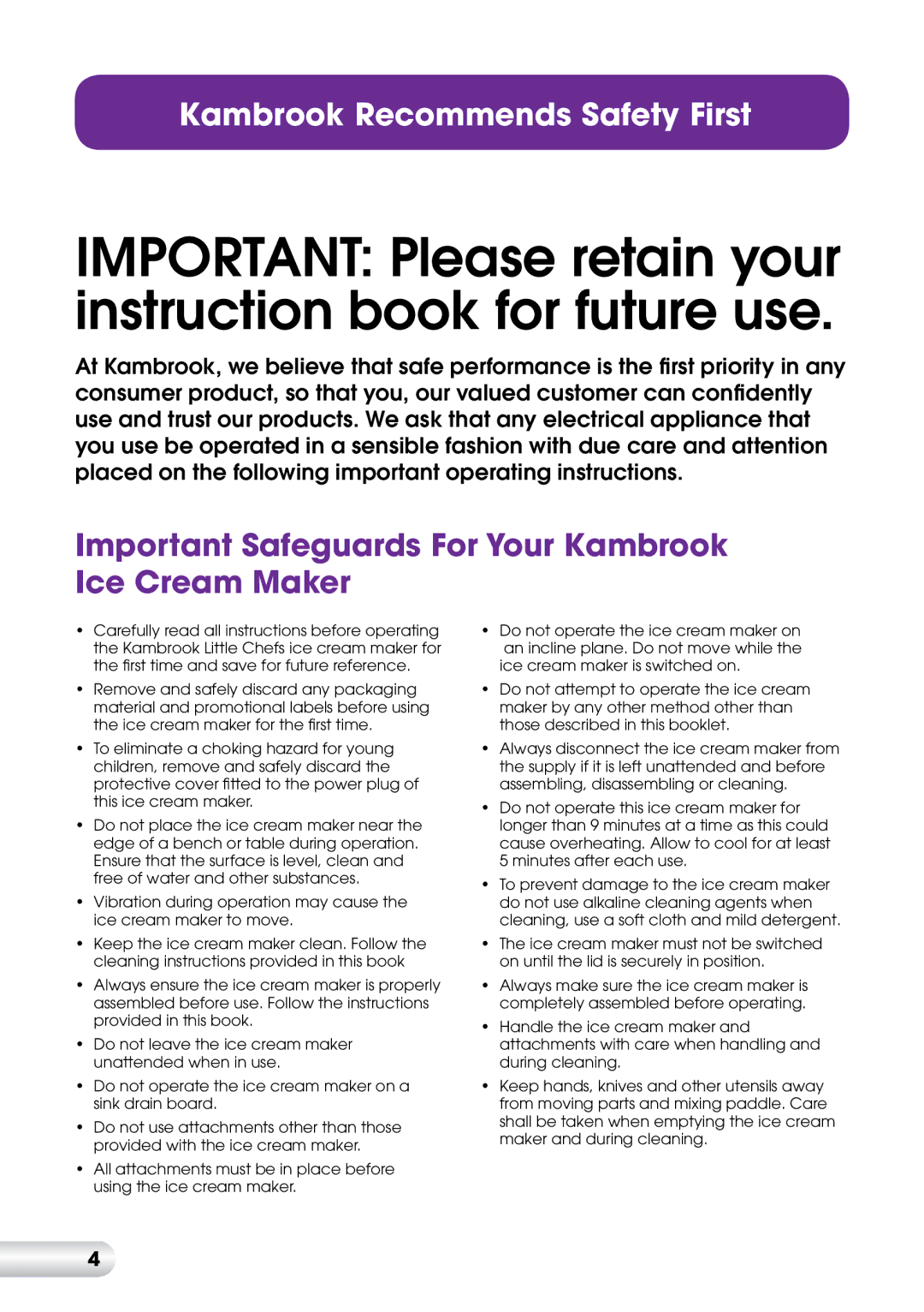 Kambrook KLCIA4, KLC3FM manual Important Safeguards For Your Kambrook Ice Cream Maker 