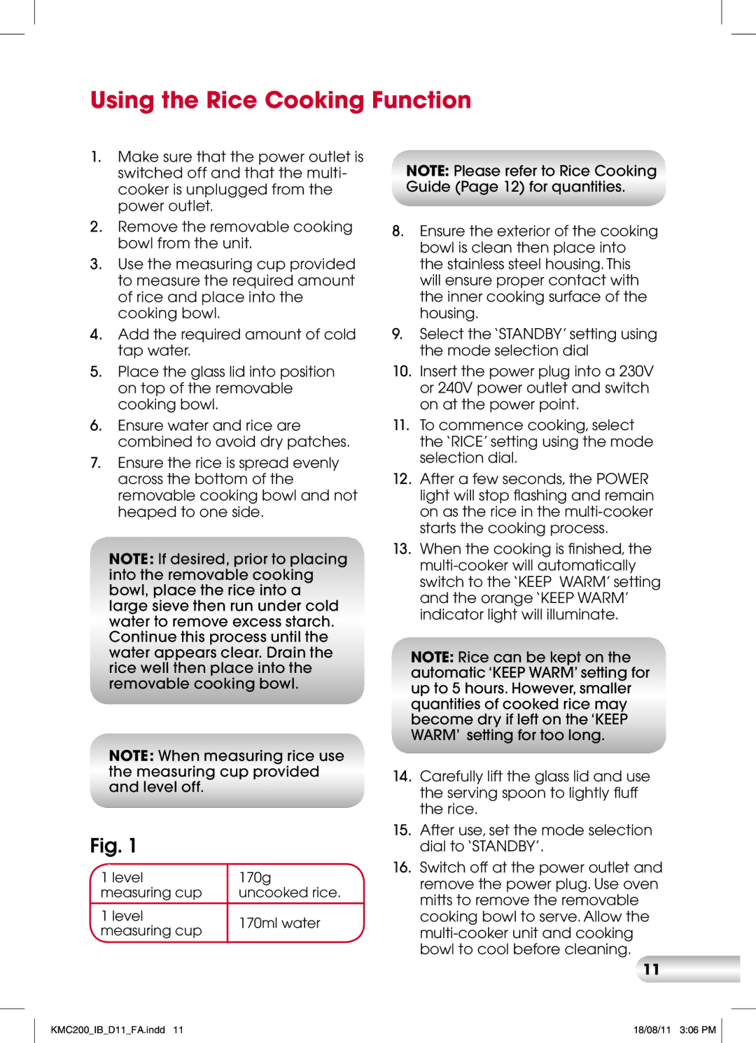 Kambrook KMC200 manual Using the Rice Cooking Function 