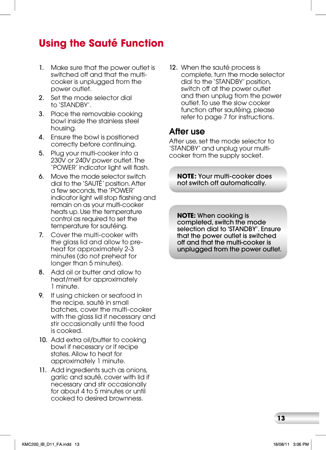 Kambrook KMC200 manual Using the Sauté Function, After use 