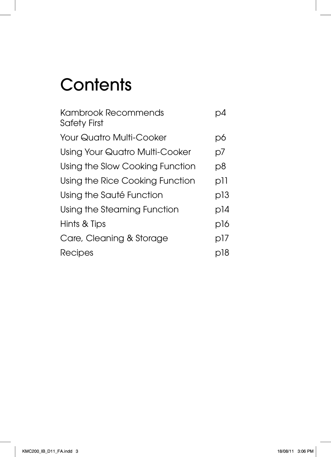 Kambrook KMC200 manual Contents 