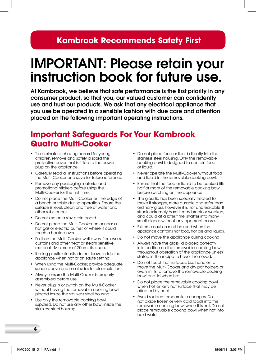 Kambrook KMC200 manual Important Safeguards For Your Kambrook Quatro Multi-Cooker 