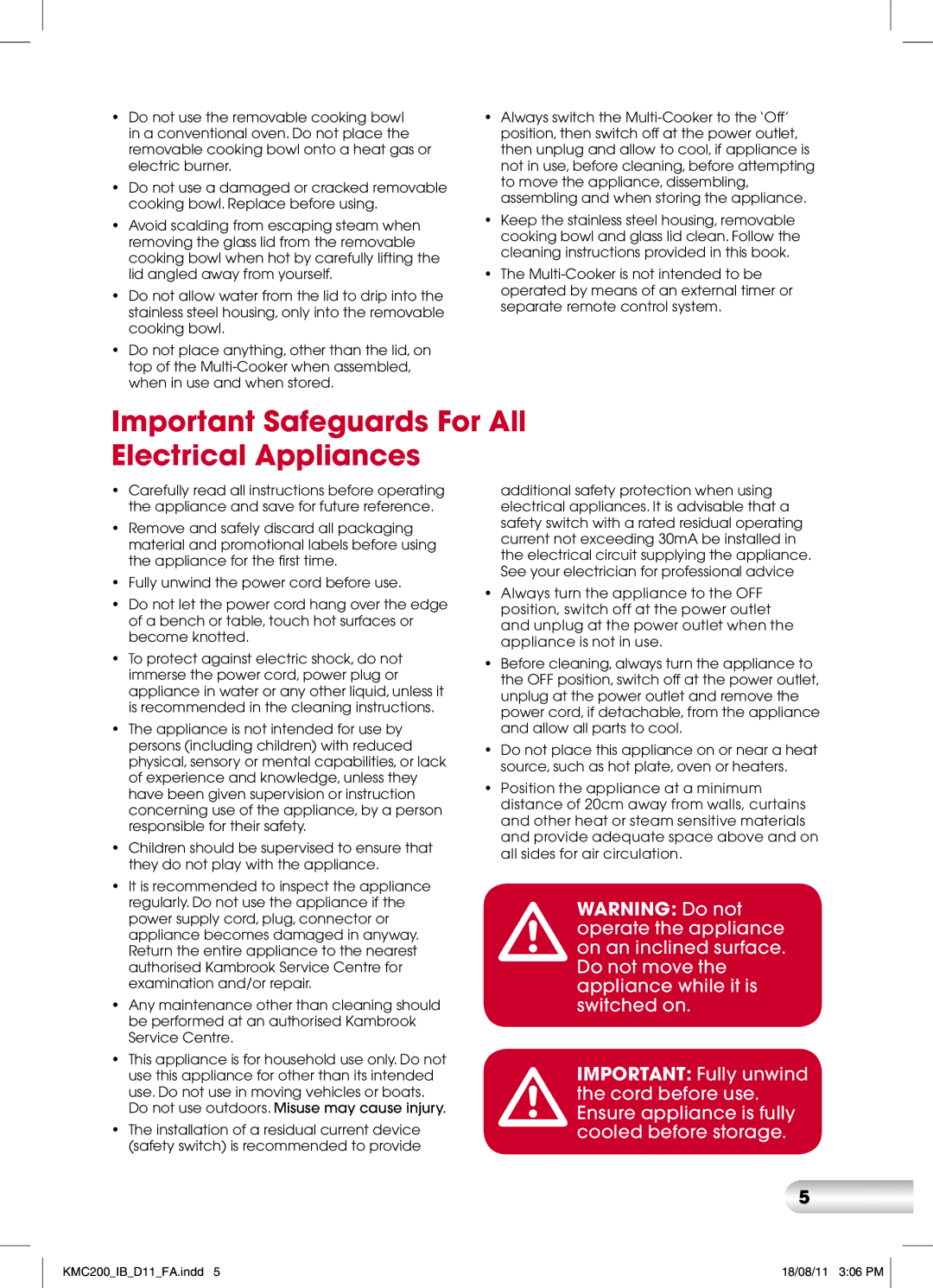 Kambrook KMC200 manual Important Safeguards For All Electrical Appliances 