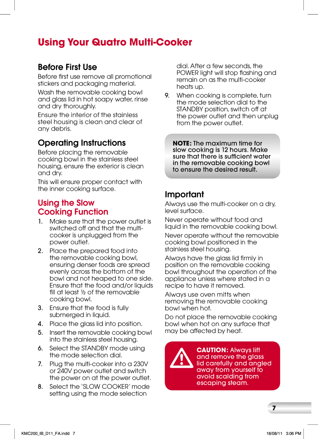 Kambrook KMC200 manual Using Your Quatro Multi-Cooker, Before First Use, Operating Instructions 