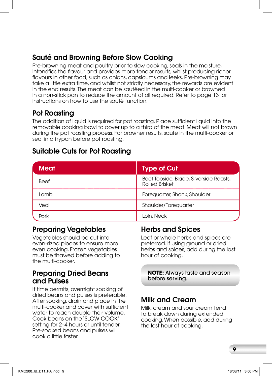 Kambrook KMC200 manual Sauté and Browning Before Slow Cooking, Suitable Cuts for Pot Roasting, Preparing Vegetables 