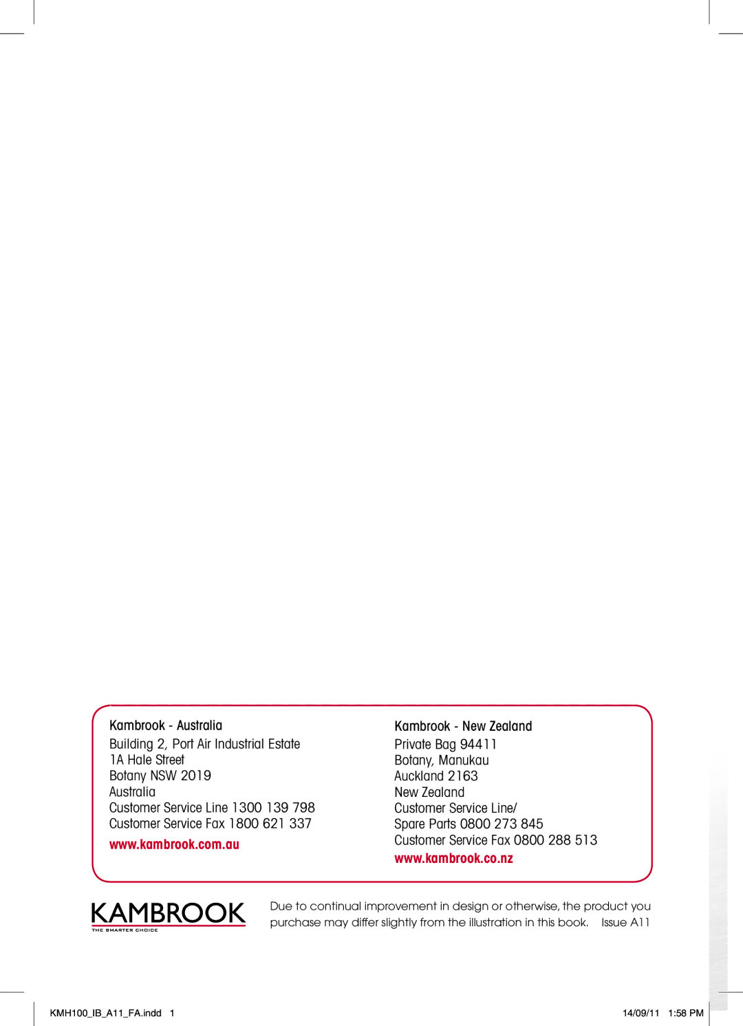 Kambrook KMH100 manual Customer Service Fax 0800 288 