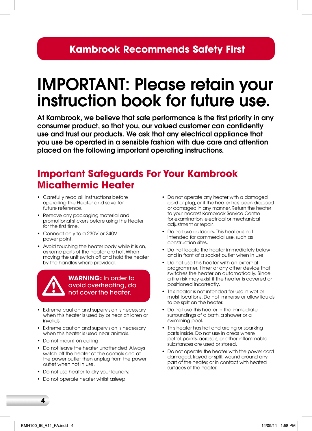 Kambrook KMH100 manual Important Safeguards For Your Kambrook Micathermic Heater 