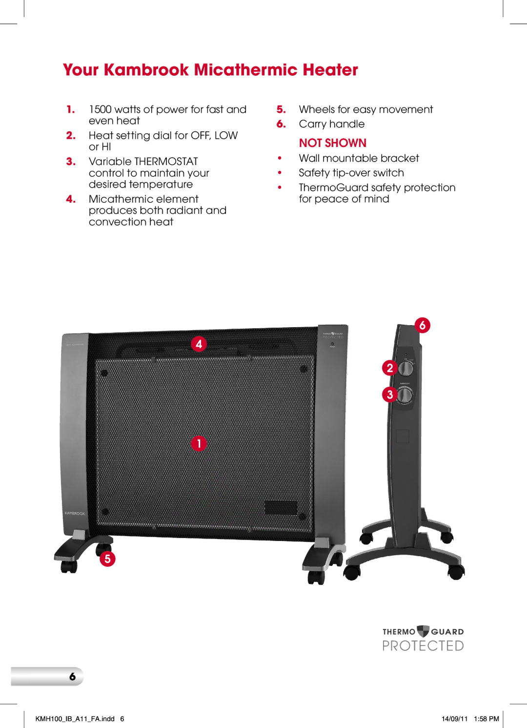 Kambrook KMH100 manual Your Kambrook Micathermic Heater, Not Shown 