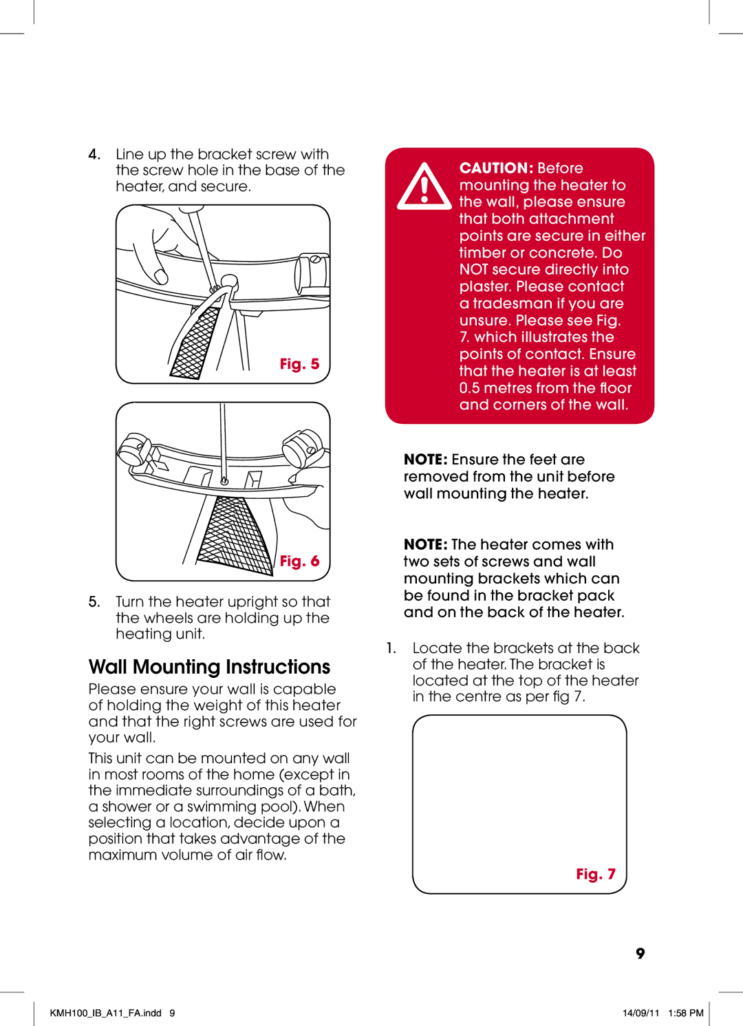 Kambrook KMH100 manual Wall Mounting Instructions 