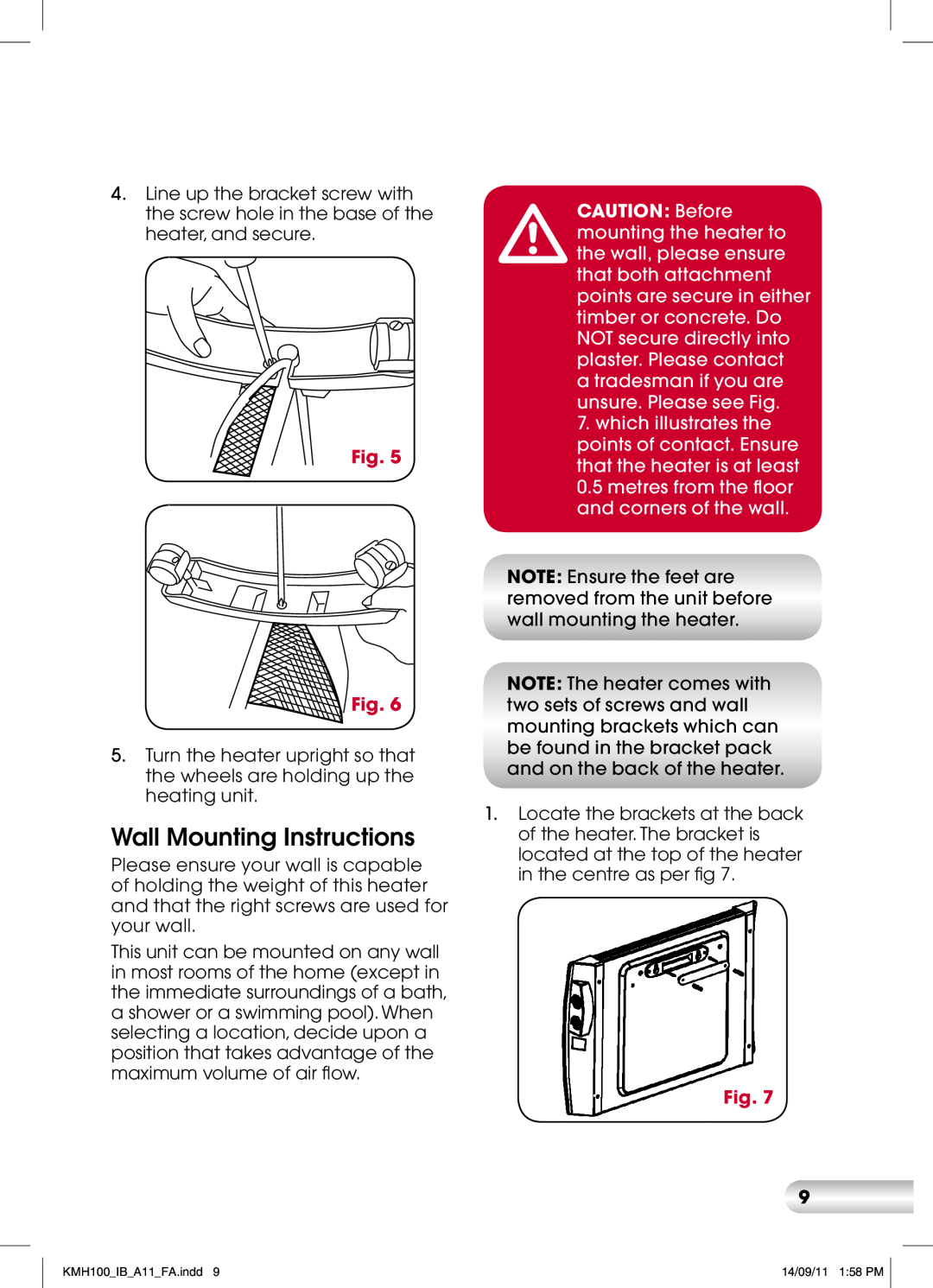Kambrook KMH100 manual Wall Mounting Instructions, Fig. Fig 