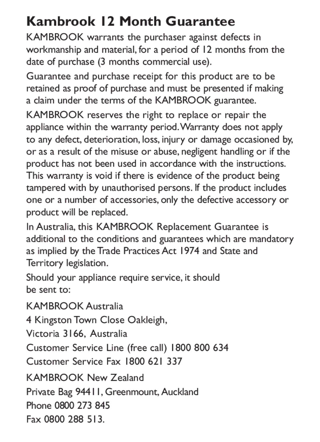 Kambrook KMT90 manual Kambrook 12 Month Guarantee 