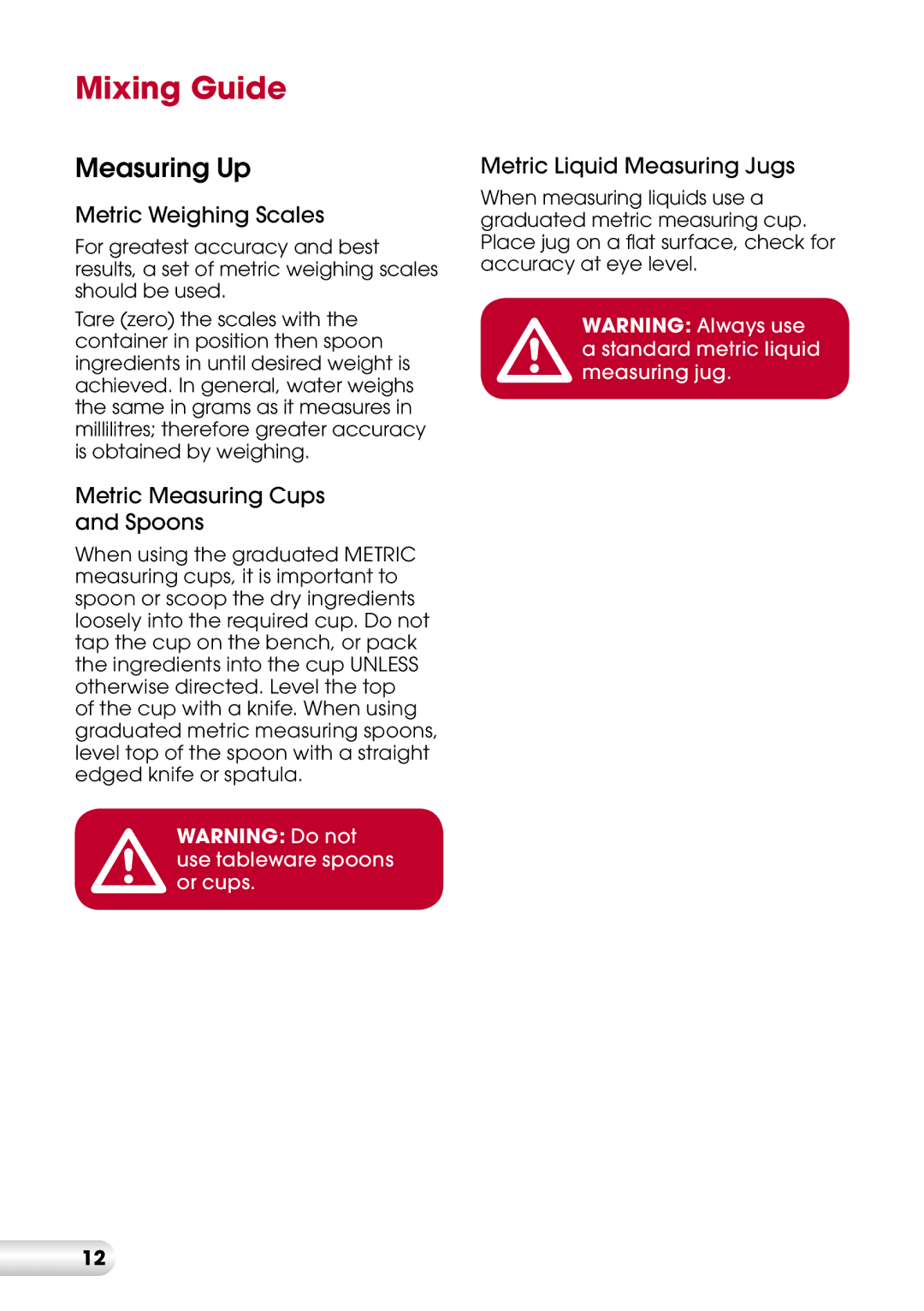 Kambrook KMX200 manual Mixing Guide, Measuring Up 