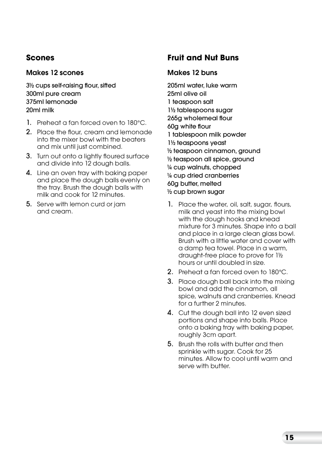 Kambrook KMX200 manual Scones, Fruit and Nut Buns, Makes 12 scones, Makes 12 buns 