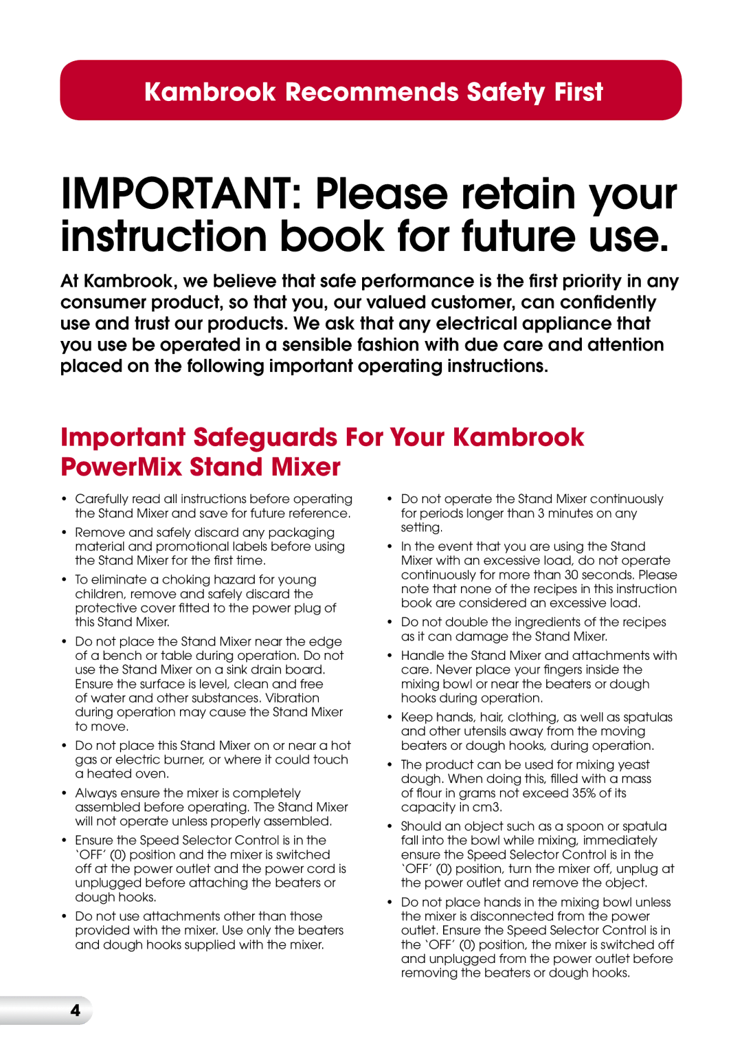 Kambrook KMX200 manual Important Safeguards For Your Kambrook PowerMix Stand Mixer 