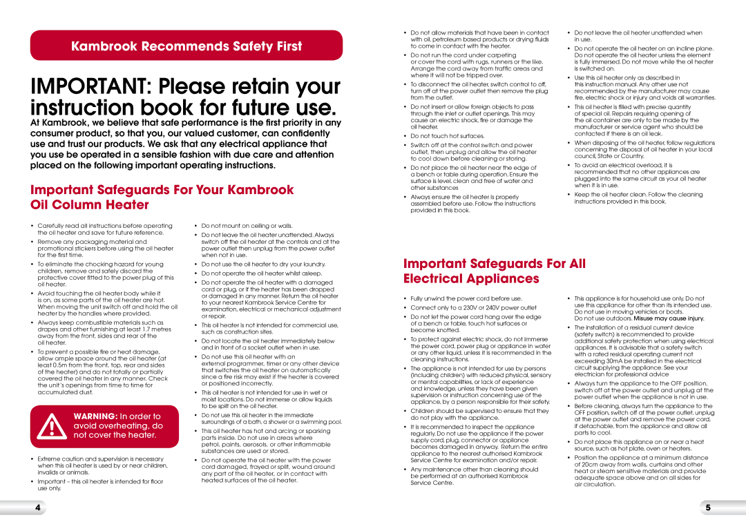 Kambrook KOH105/KOH107/KOH11 manual Important Safeguards For Your Kambrook Oil Column Heater 