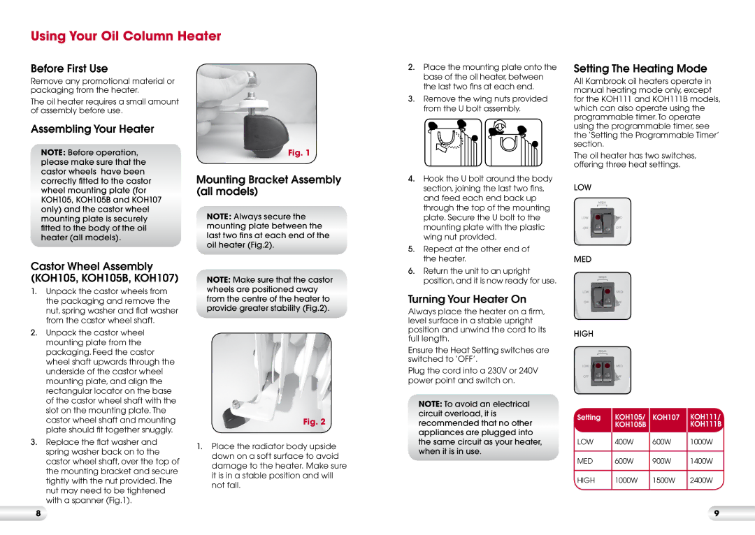 Kambrook KOH105/KOH107/KOH11 manual Using Your Oil Column Heater 