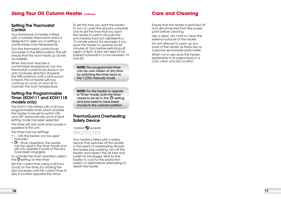 Kambrook KOH105/KOH107/KOH11 manual Using Your Oil Column Heater Care and Cleaning, Setting The Thermostat Control 