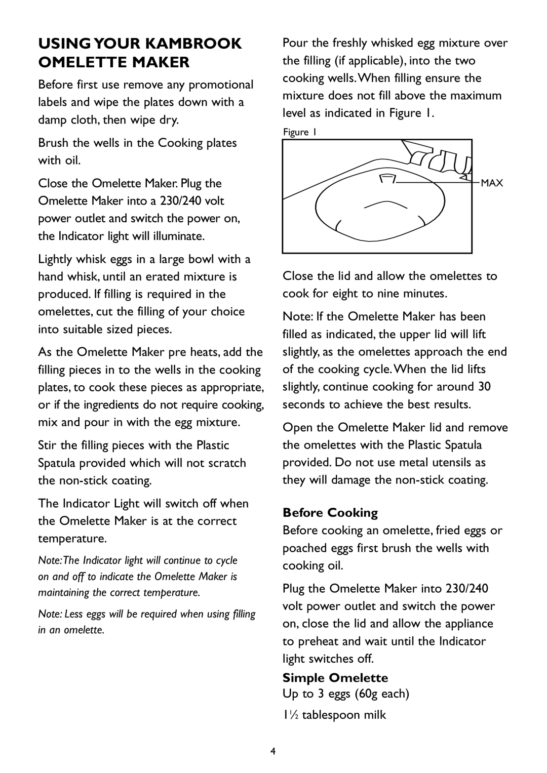 Kambrook KOM2 manual Using Your Kambrook Omelette Maker, Before Cooking, Simple Omelette 