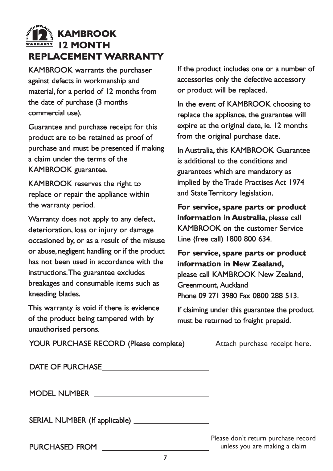 Kambrook KOM2 Replacement Warranty, For service, spare parts or product information in New Zealand, KAMBROOK 12 MONTH 