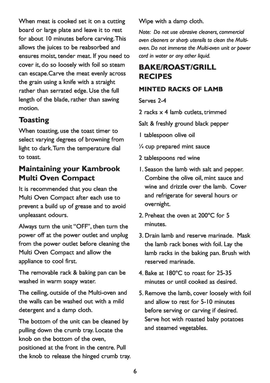 Kambrook KOT100 Toasting, Maintaining your Kambrook Multi Oven Compact, Bake/Roast/Grill Recipes, Minted Racks Of Lamb 