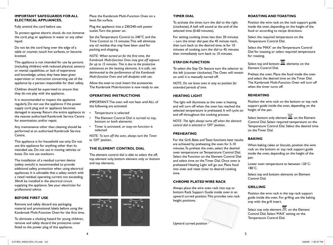 Kambrook KOT600 Important Safeguards for ALL Electrical Appliances, Operating Instructions, Reheating, Before First USE 