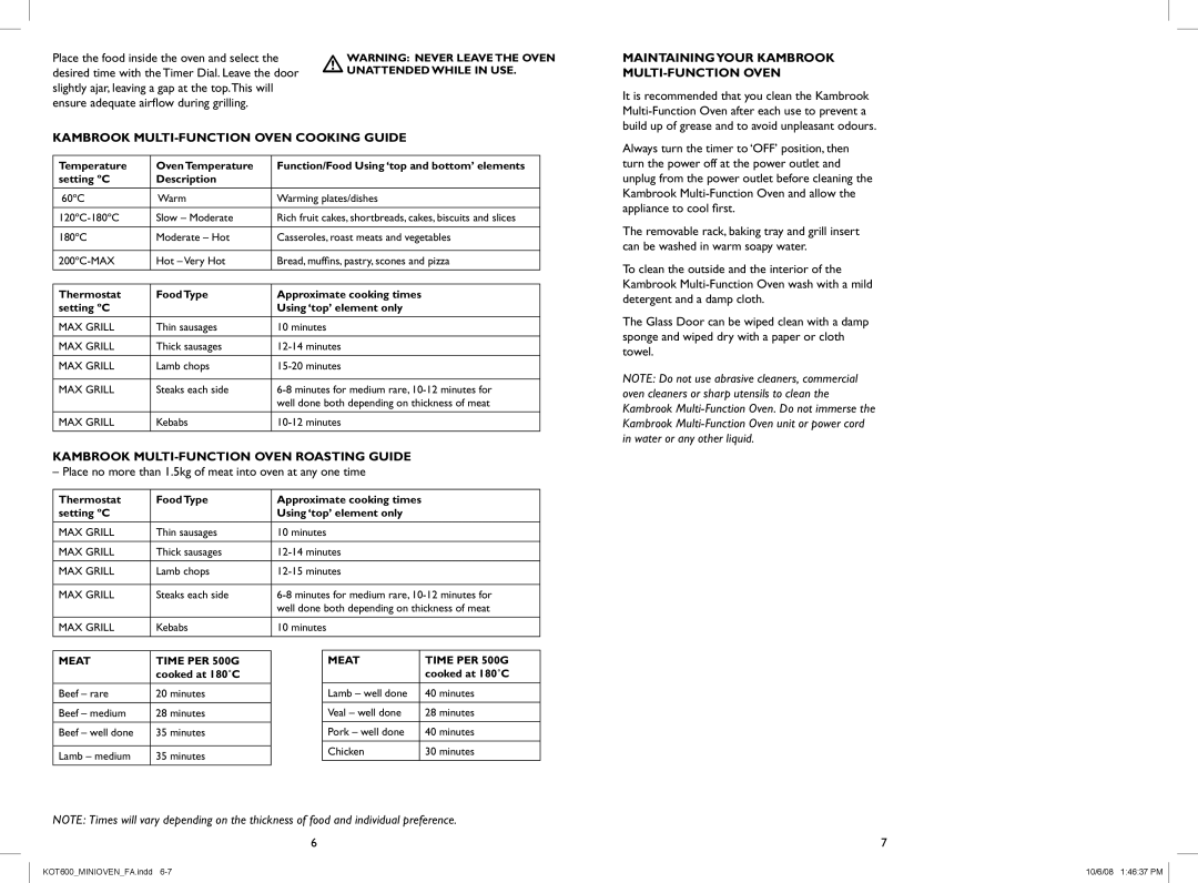 Kambrook KOT600 warranty Kambrook Multi-Function Oven Cooking Guide, Kambrook Multi-Function Oven Roasting Guide 