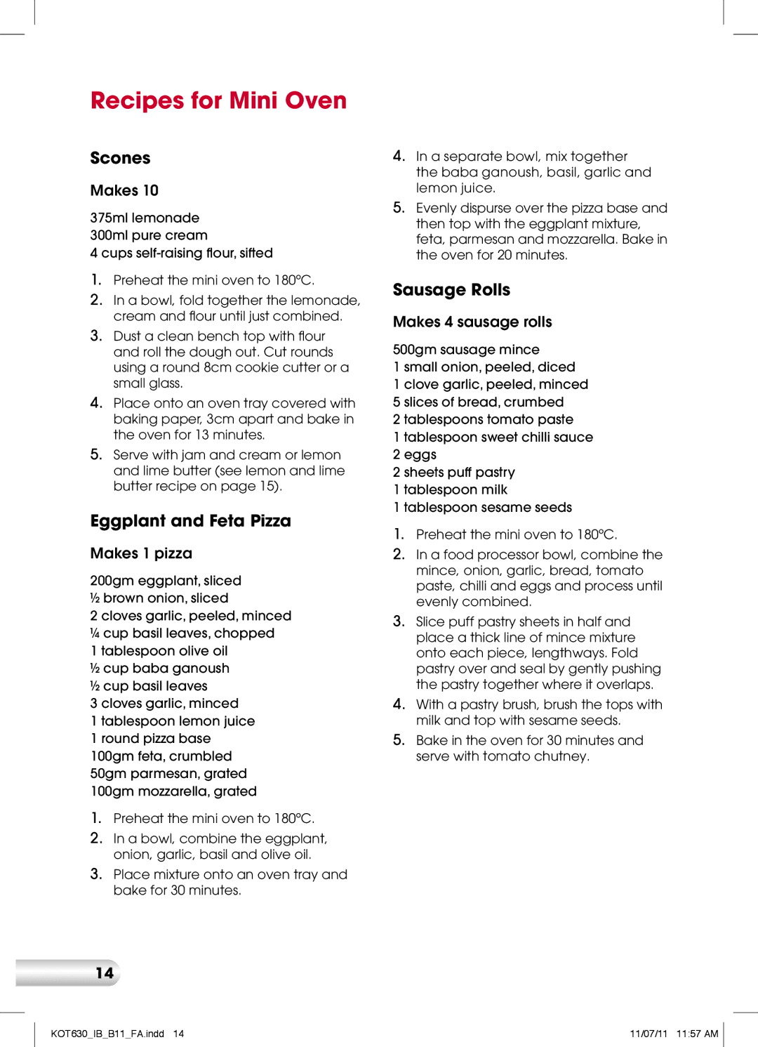 Kambrook KOT630, K0T630 manual Recipes for Mini Oven, Scones 