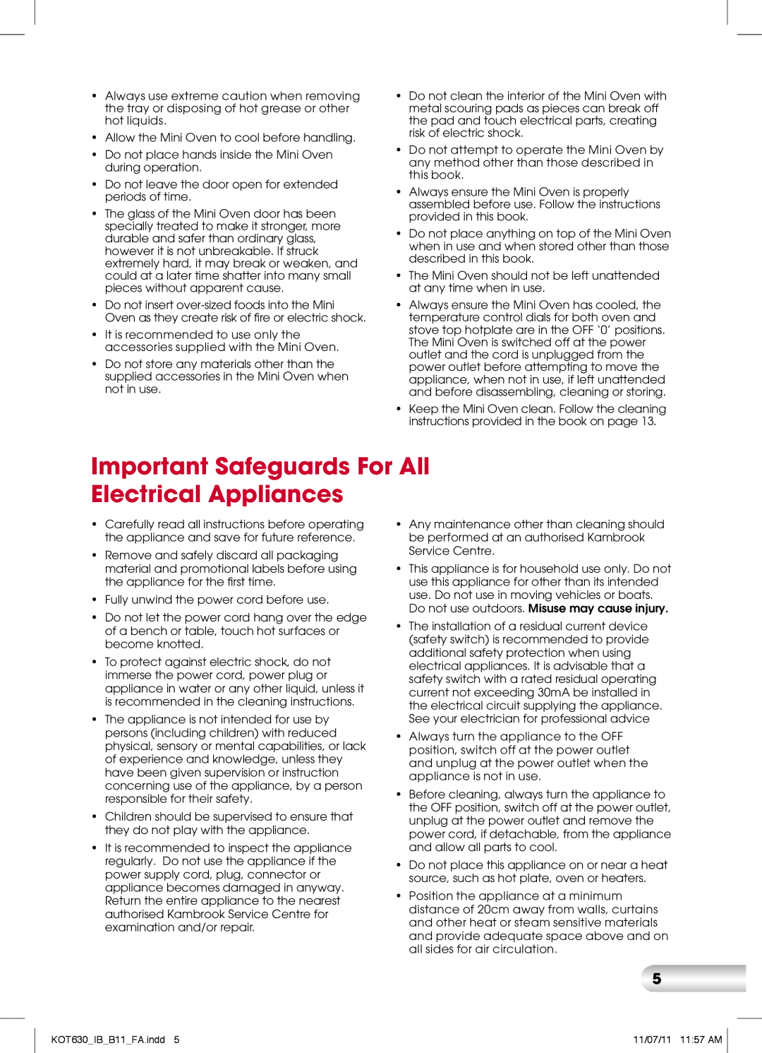 Kambrook K0T630, KOT630 manual Important Safeguards For All Electrical Appliances 