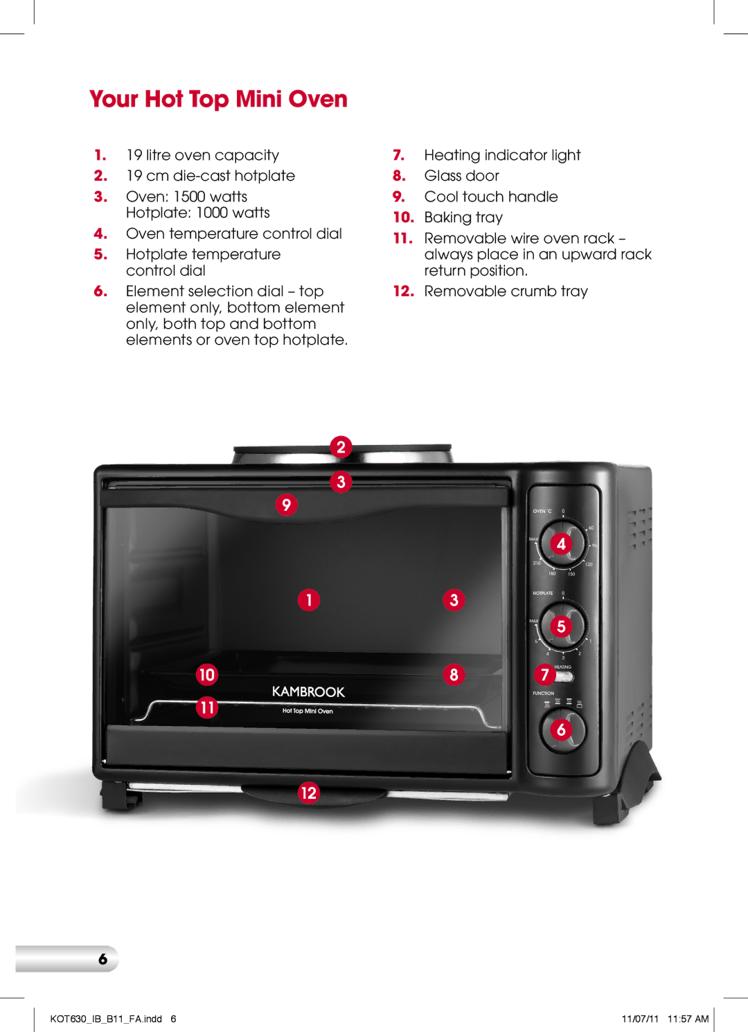 Kambrook KOT630, K0T630 manual Your Hot Top Mini Oven 