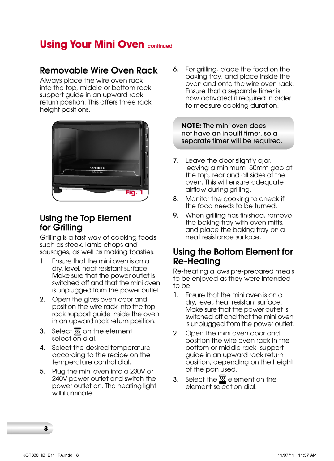 Kambrook KOT630 Removable Wire Oven Rack, Using the Top Element for Grilling, Using the Bottom Element for Re-Heating 