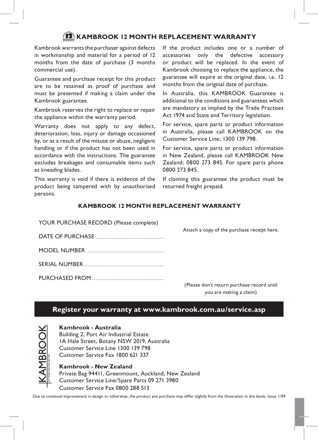 Kambrook KOT65 manual Kambrook 12 Month Replacement Warranty, Kambrook Australia, Kambrook New Zealand 