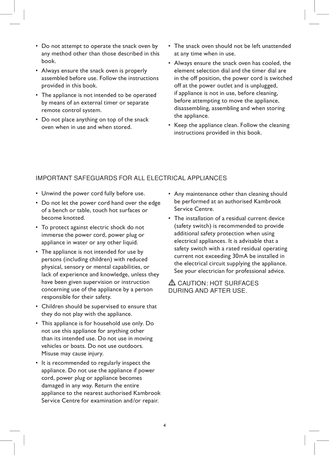 Kambrook KOT65 manual Important Safeguards for ALL Electrical Appliances,  Caution HOT Surfaces During and After USE 