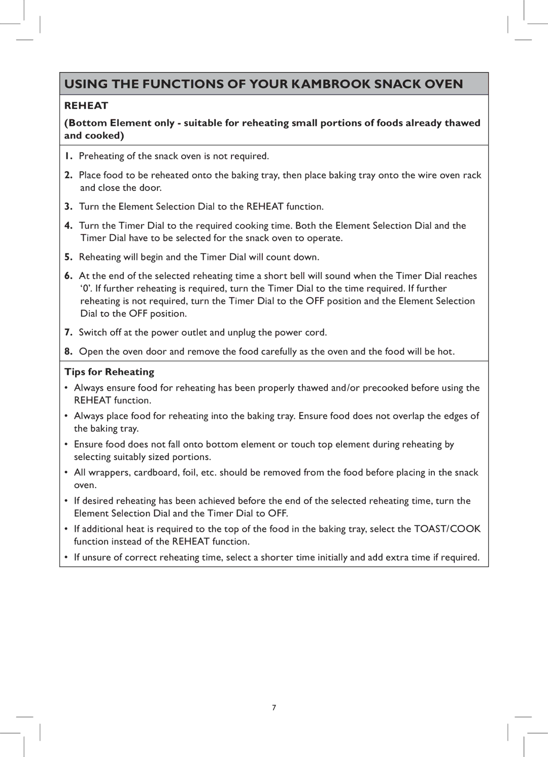 Kambrook KOT65 manual Tips for Reheating 