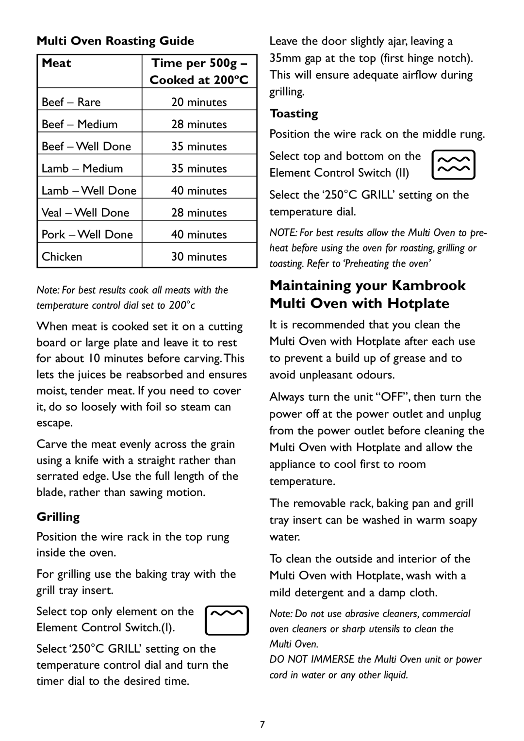 Kambrook KOT700 manual Maintaining your Kambrook Multi Oven with Hotplate, Grilling, Toasting 