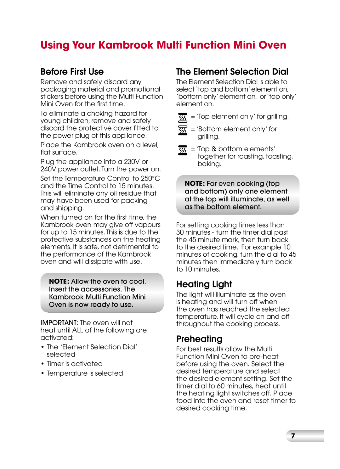 Kambrook KOT710 manual Using Your Kambrook Multi Function Mini Oven, Before First Use 