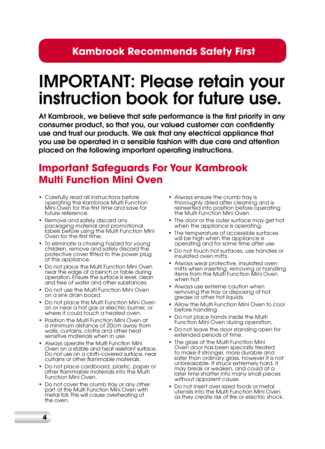 Kambrook KOT710 manual Important Safeguards For Your Kambrook Multi Function Mini Oven, Kambrook Recommends Safety First 
