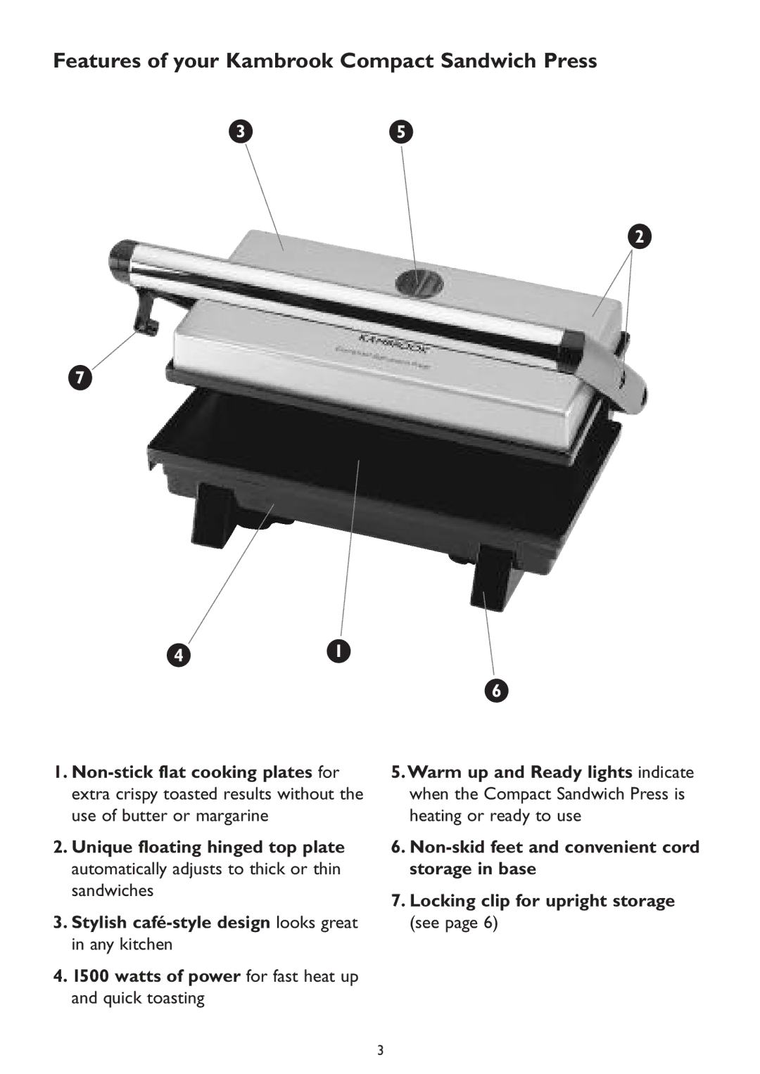 Kambrook KP500 manual Features of your Kambrook Compact Sandwich Press 