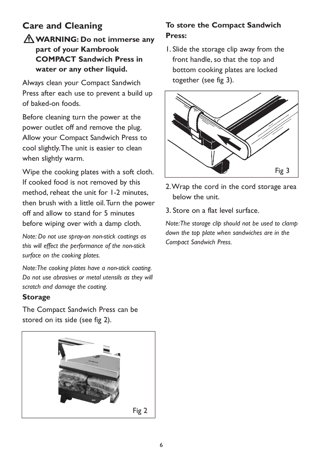 Kambrook KP500 manual Care and Cleaning, Storage, To store the Compact Sandwich Press 