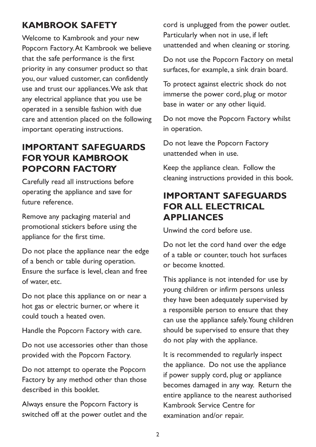 Kambrook KPC10 manual Kambrook Safety, Important Safeguards for Your Kambrook Popcorn Factory 