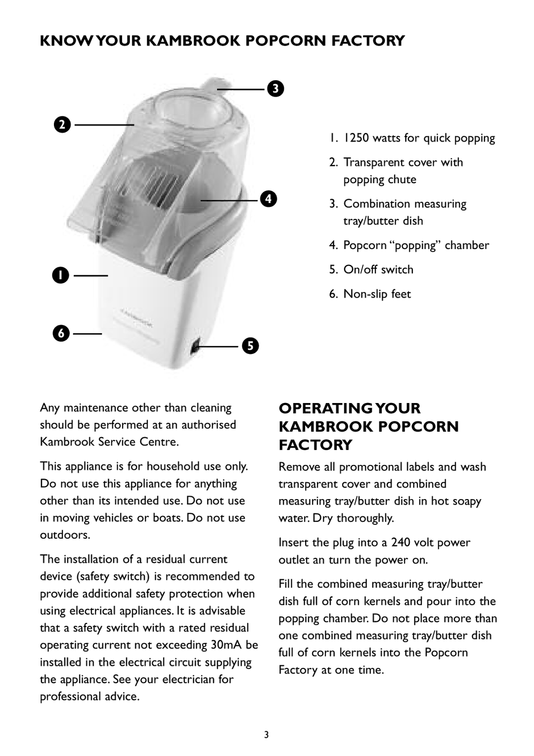 Kambrook KPC10 manual Know Your Kambrook Popcorn Factory, Operating Your Kambrook Popcorn Factory 