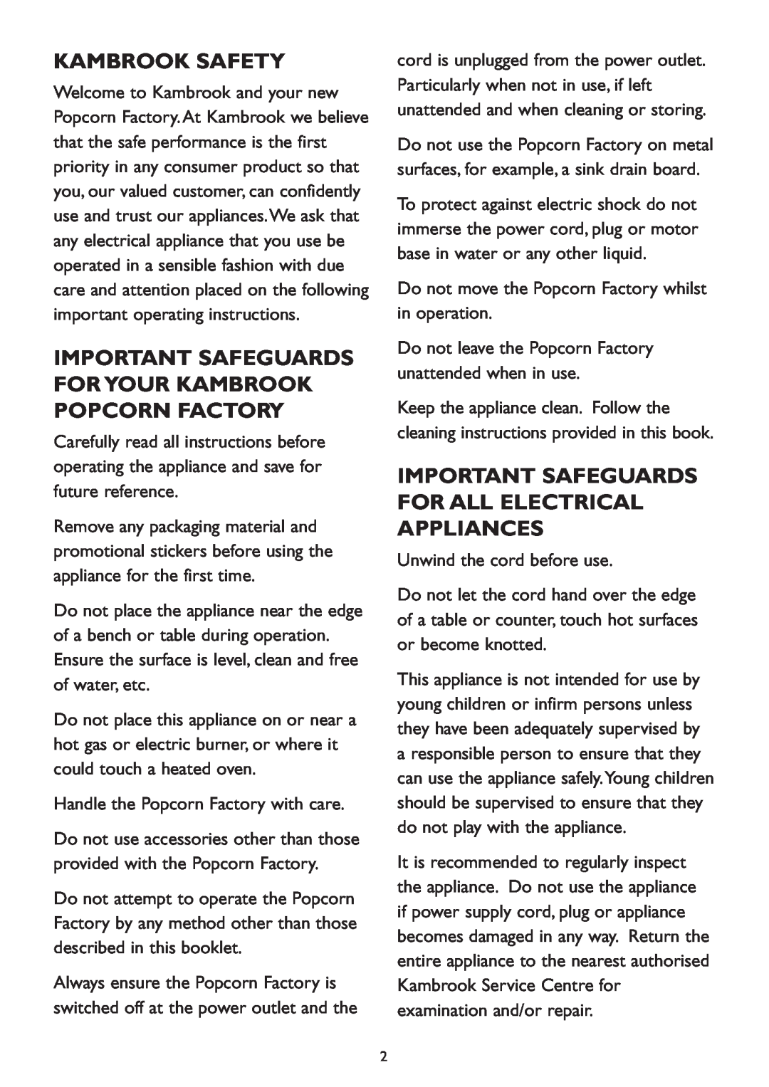 Kambrook KPC10 manual Kambrook Safety, Important Safeguards For Your Kambrook Popcorn Factory 