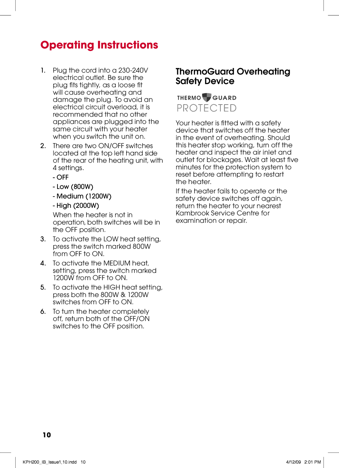 Kambrook KPH200 manual Operating Instructions, Off 