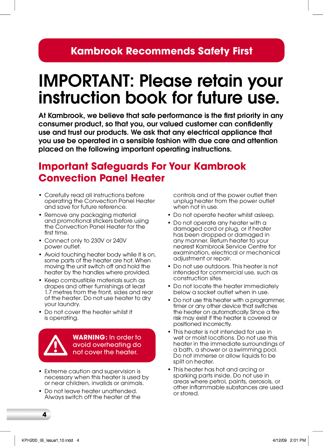 Kambrook KPH200 manual Important Please retain your instruction book for future use 