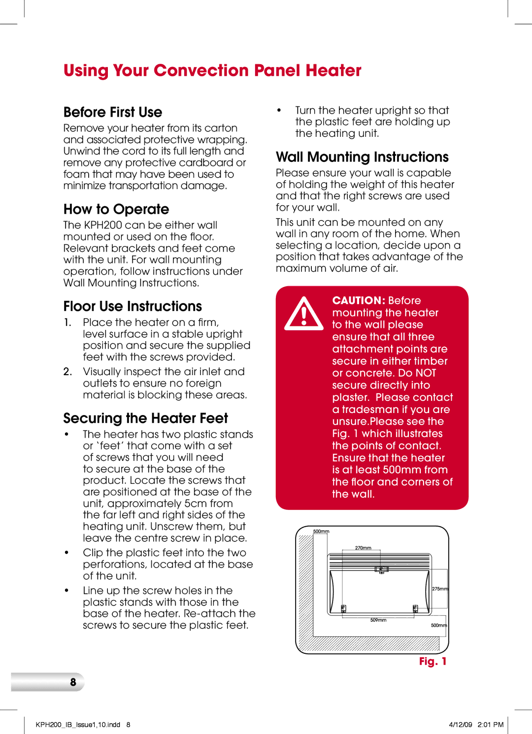 Kambrook KPH200 manual Using Your Convection Panel Heater, Before First Use 