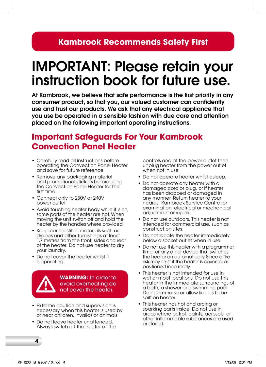 Kambrook KPH200 manual Kambrook Recommends Safety First 