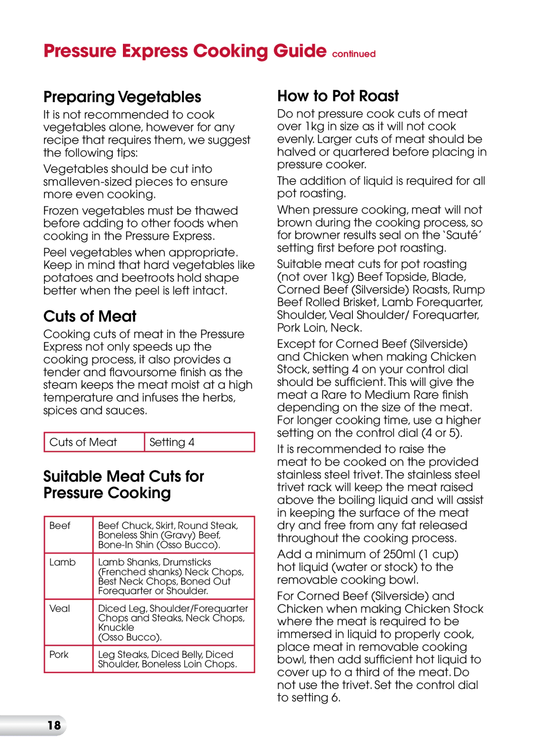 Kambrook KPR600 manual Preparing Vegetables, Cuts of Meat, Suitable Meat Cuts for Pressure Cooking, How to Pot Roast 