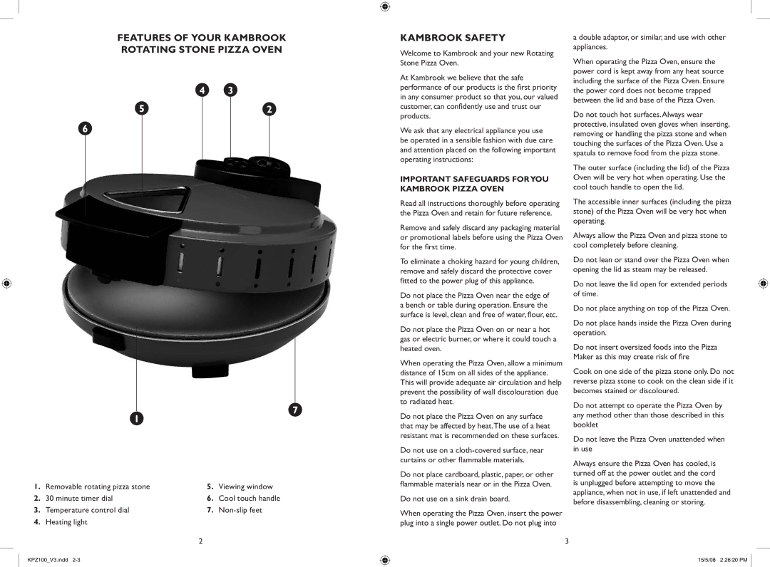 Kambrook KPZ100 warranty Features of Your Kambrook Rotating Stone Pizza Oven, Kambrook Safety 