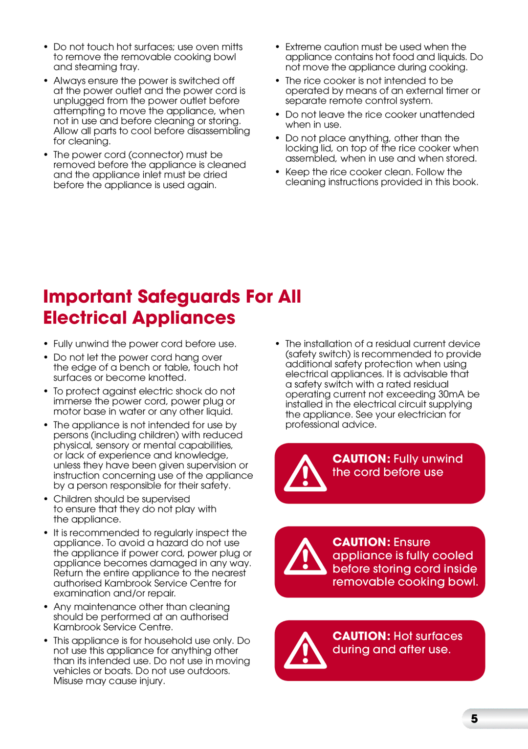 Kambrook KRC400 manual Important Safeguards For All Electrical Appliances 