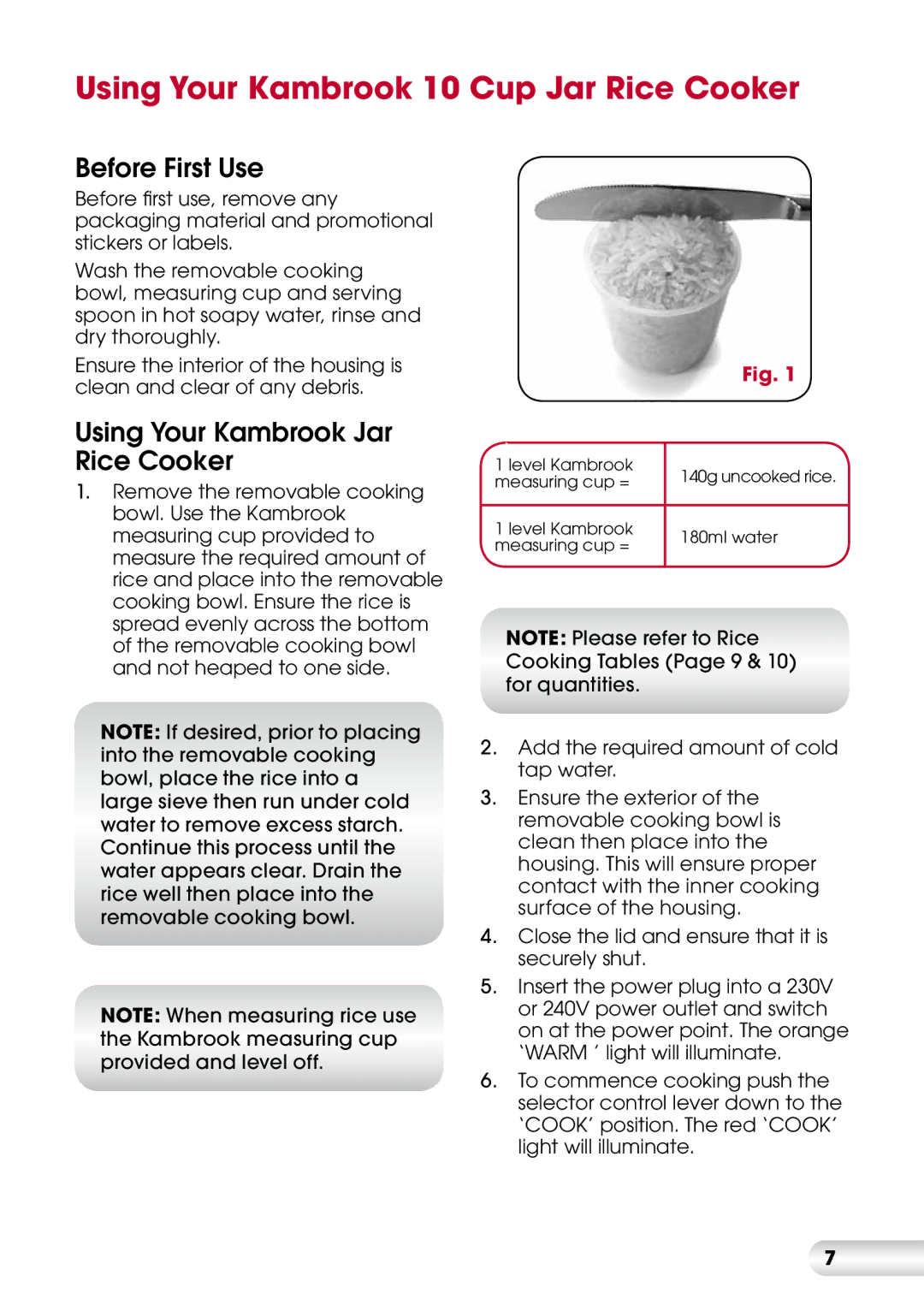 Kambrook KRC400 manual Using Your Kambrook 10 Cup Jar Rice Cooker, Before First Use 