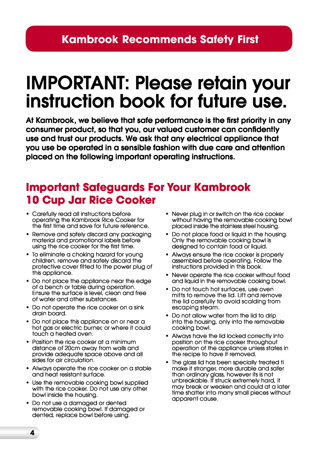 Kambrook KRC400 manual Kambrook Recommends Safety First 