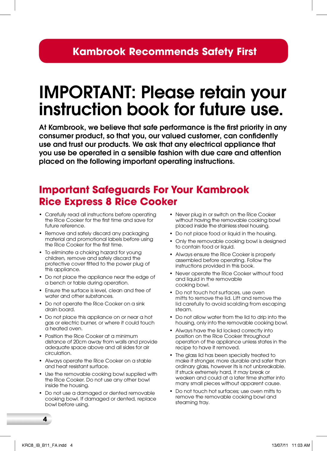 Kambrook KRC8 manual Kambrook Recommends Safety First 
